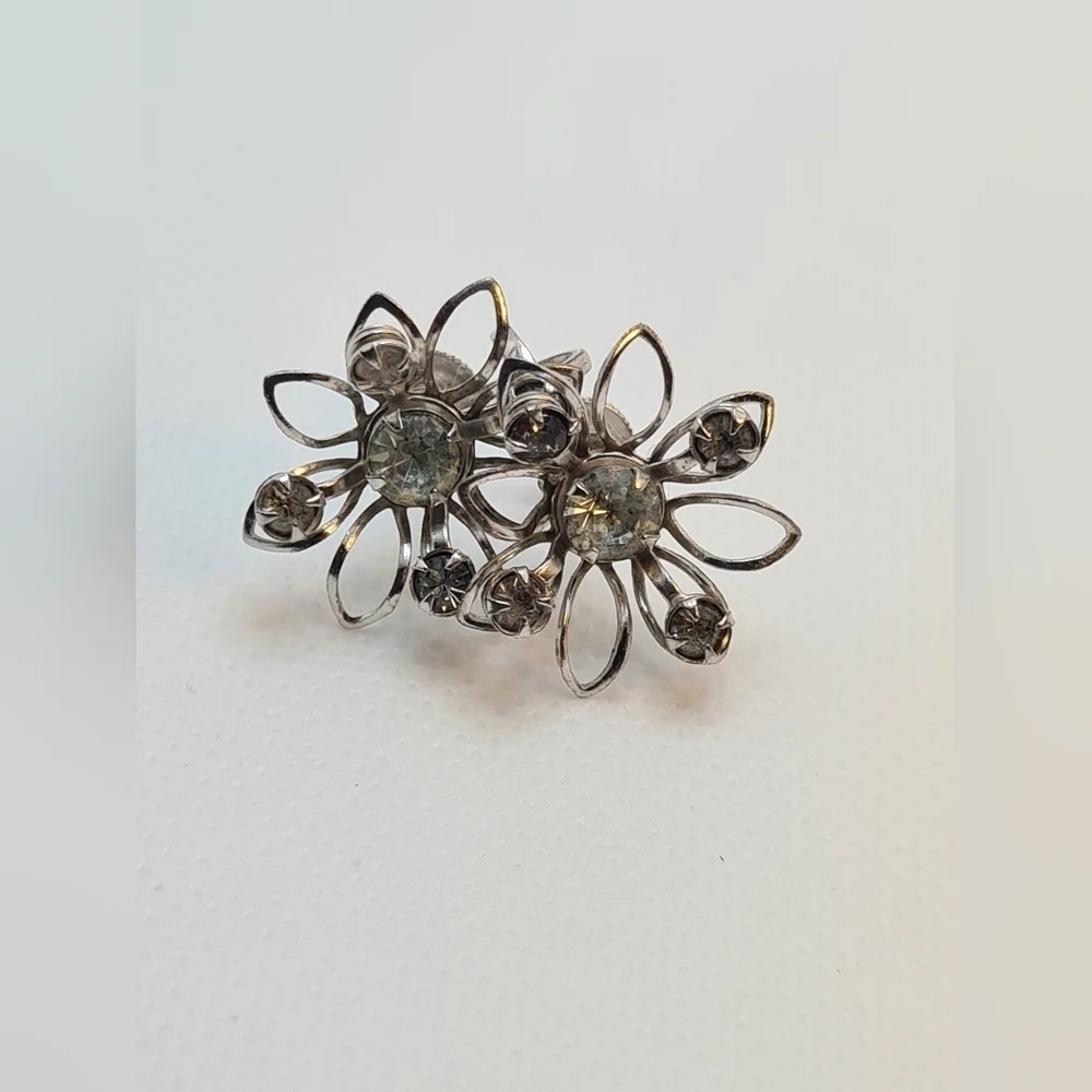 Vintage Silver And Crystal Floral Earrings